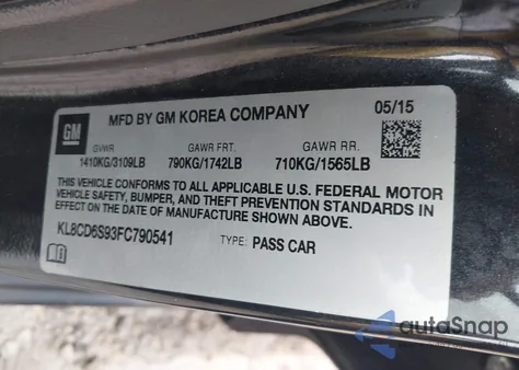 2015 Chevrolet Spark 1Lt Cvt из США, поврежденный, VIN KL8CD6S93FC790541